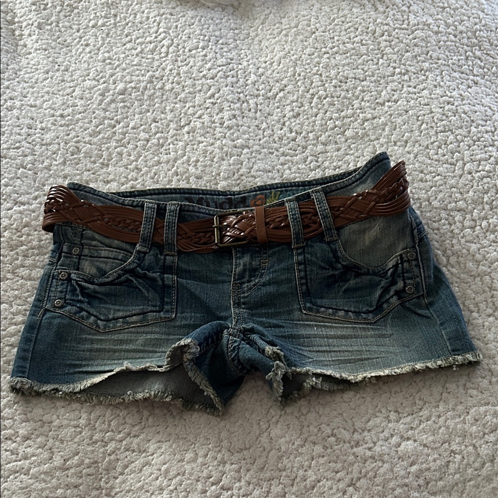 Mudd Denim Cutoff Shorts with Brown Braided Belt
